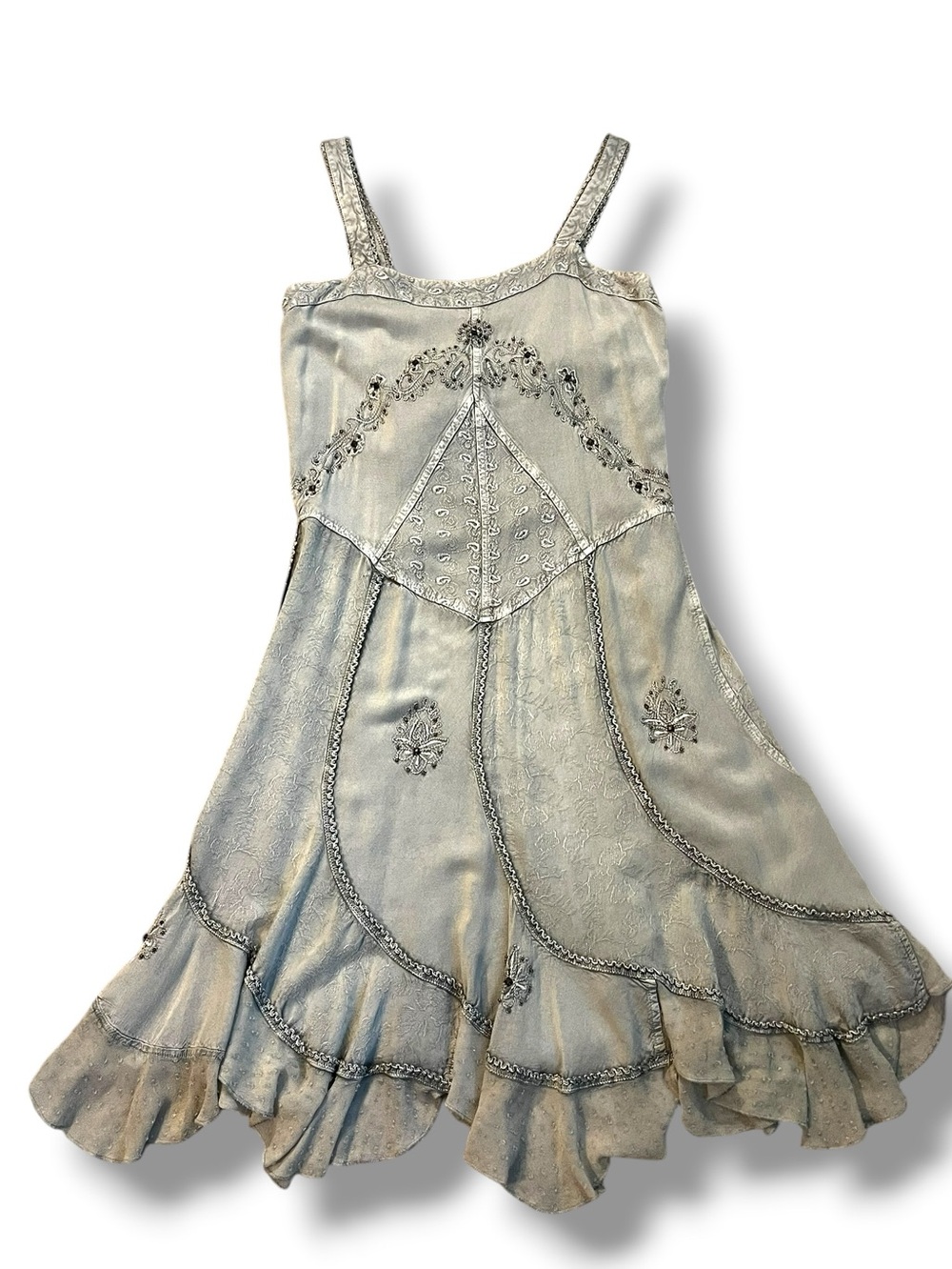 Coline Boho Embroidered Sun  Dress Medium Tiered Ruffled Hem Whimsigoth Fairy